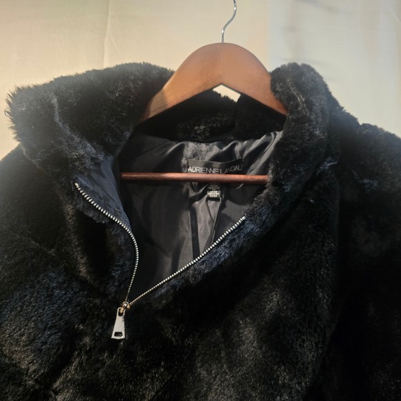 Adrienne Landau Black Faux Fur Poncho Cape Asymmetrical Zipper Collar Size S M - Picture 2 of 6